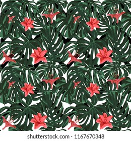 Tropical Print. Jungle Seamless Pattern. Vector Illustration of Tropical Leaves and Flowers. Interior Design
Swimwear Design. 
 
