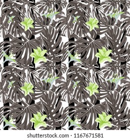 Tropical Print. Jungle Seamless Pattern. Vector Tropic Summer Motif with Hawaiian Flowers. Swimwear Design. Summer Hawaiian Pattern. 
Aloha Fabric Repeated Print. 
 
