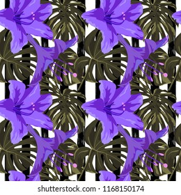 Tropical Print. Jungle Seamless Pattern. Vector Illustration of Tropical Leaves and Flowers. Swimwear Design. Summer Hawaiian Pattern. 
Aloha Fabric Repeated Print. 