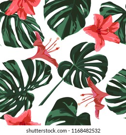 Tropical Print. Jungle Seamless Pattern. Vector Illustration of Tropical Leaves and Flowers. Swimwear Design. Summer Hawaiian Pattern. 
Aloha Fabric Repeated Print. 
 
