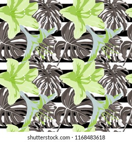 Tropical Print. Jungle Seamless Pattern. Vector Illustration of Tropical Leaves and Flowers. Swimwear Design. Summer Hawaiian Pattern. 
Aloha Fabric Repeated Print. 
 
