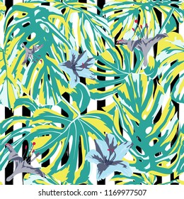 Tropical Print. Jungle Seamless Pattern. Vector Tropic Summer Motif with Hawaiian Flowers. Interior Design
Swimwear Design. 
 
