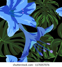 Tropical Print. Jungle Seamless Pattern. Vector Illustration of Tropical Leaves and Flowers. Interior Design
Swimwear Design. 
 
