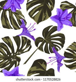 Tropical Print. Jungle Seamless Pattern. Vector Tropic Summer Motif with Hawaiian Flowers. Interior Design
Swimwear Design. 
 
