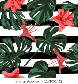 Tropical Print. Jungle Seamless Pattern. Vector Illustration of Tropical Leaves and Flowers. Interior Design
Swimwear Design. 
 
