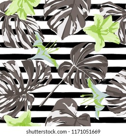 Tropical Print. Jungle Seamless Pattern. Vector Tropic Summer Motif with Hawaiian Flowers. Swimwear Design. Summer Hawaiian Pattern. 
Aloha Fabric Repeated Print. 
 
