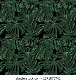 Tropical Print. Jungle Seamless Pattern. Vector Illustration of Tropical Leaves and Flowers. Background Texture, Wrapping Paper, Textile, Fabric or Wallpaper. 

