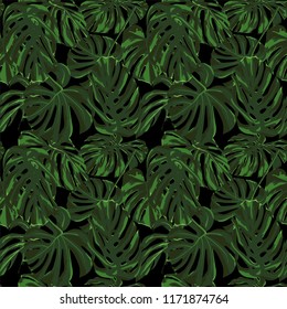 Tropical Print. Jungle Seamless Pattern. Vector Tropic Summer Motif with Hawaiian Flowers. Background Texture, Wrapping Paper, Textile, Fabric or Wallpaper. 
