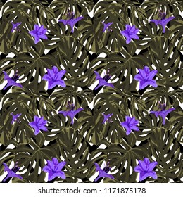 Tropical Print. Jungle Seamless Pattern. Vector Tropic Summer Motif with Hawaiian Flowers. Swimwear Design. Summer Hawaiian Pattern. 
Aloha Fabric Repeated Print. 
 
