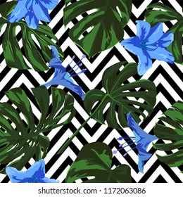 Tropical Print. Jungle Seamless Pattern. Vector Tropic Summer Motif with Hawaiian Flowers. Interior Design
Swimwear Design. 
 
