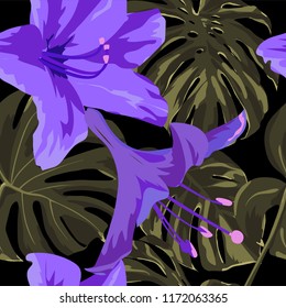 Tropical Print. Jungle Seamless Pattern. Vector Illustration of Tropical Leaves and Flowers. Interior Design
Swimwear Design. 
 
