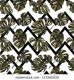 Tropical Print. Jungle Seamless Pattern. Vector Illustration of Tropical Leaves and Flowers. Swimwear Design. Summer Hawaiian Pattern. 
Aloha Fabric Repeated Print. 
 
