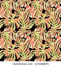 Tropical Print. Jungle Seamless Pattern. Vector Illustration of Tropical Leaves and Flowers. Swimwear Design. Summer Hawaiian Pattern. 
Aloha Fabric Repeated Print.