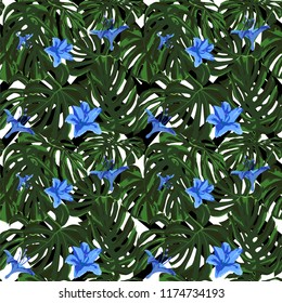 Tropical Print. Jungle Seamless Pattern. Vector Illustration of Tropical Leaves and Flowers. Interior Design
Swimwear Design. 
 
