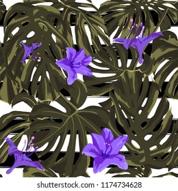 Tropical Print. Jungle Seamless Pattern. Vector Illustration of Tropical Leaves and Flowers. Interior Design
Swimwear Design. 
 
