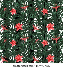 Tropical Print. Jungle Seamless Pattern. Vector Tropic Summer Motif with Hawaiian Flowers. Background Texture, Wrapping Paper, Textile, Fabric or Wallpaper. 

