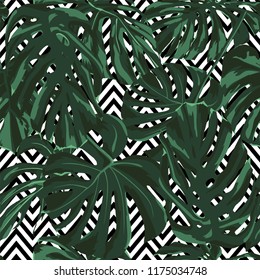 Tropical Print. Jungle Seamless Pattern. Vector Illustration of Tropical Leaves and Flowers. Background Texture, Wrapping Paper, Textile, Fabric or Wallpaper. 
