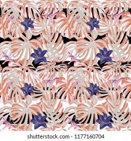 Tropical Print. Jungle Seamless Pattern. Vector Illustration of Tropical Leaves and Flowers. Swimwear Design. Summer Hawaiian Pattern. 
Aloha Fabric Repeated Print. 
 
