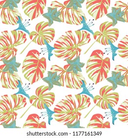 Tropical Print. Jungle Seamless Pattern. Vector Illustration of Tropical Leaves and Flowers. Background Texture, Wrapping Paper, Textile, Fabric or Wallpaper. 
