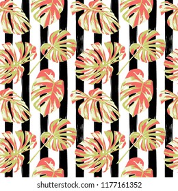 Tropical Print. Jungle Seamless Pattern. Vector Tropic Summer Motif with Hawaiian Flowers. Interior Design
Swimwear Design. 
 
