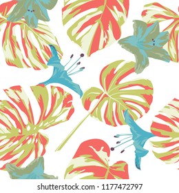 Tropical Print. Jungle Seamless Pattern. Vector Tropic Summer Motif with Hawaiian Flowers. Swimwear Design. Summer Hawaiian Pattern. 
Aloha Fabric Repeated Print. 
 
