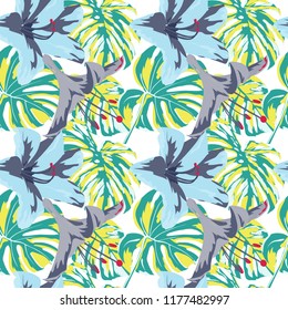 Tropical Print. Jungle Seamless Pattern. Vector Illustration of Tropical Leaves and Flowers. Background Texture, Wrapping Paper, Textile, Fabric or Wallpaper. 
