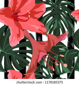 Tropical Print. Jungle Seamless Pattern. Vector Tropic Summer Motif with Hawaiian Flowers. Interior Design
Swimwear Design. 