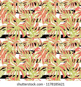 Tropical Print. Jungle Seamless Pattern. Vector Illustration of Tropical Leaves and Flowers. Background Texture, Wrapping Paper, Textile, Fabric or Wallpaper. 
