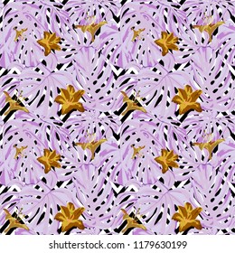 Tropical Print. Jungle Seamless Pattern. Vector Illustration of Tropical Leaves and Flowers. Swimwear Design. Summer Hawaiian Pattern. 
Aloha Fabric Repeated Print. 
 
