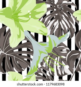 Tropical Print. Jungle Seamless Pattern. Vector Tropic Summer Motif with Hawaiian Flowers. Background Texture, Wrapping Paper, Textile, Fabric or Wallpaper. 
