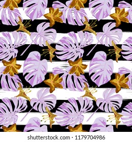 Tropical Print. Jungle Seamless Pattern. Vector Tropic Summer Motif with Hawaiian Flowers. Background Texture, Wrapping Paper, Textile, Fabric or Wallpaper. 
