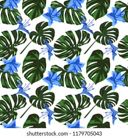 Tropical Print. Jungle Seamless Pattern. Vector Illustration of Tropical Leaves and Flowers. Background Texture, Wrapping Paper, Textile, Fabric or Wallpaper. 
