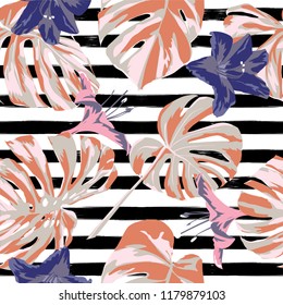 Tropical Print. Jungle Seamless Pattern. Vector Tropic Summer Motif with Hawaiian Flowers. Background Texture, Wrapping Paper, Textile, Fabric or Wallpaper. 

