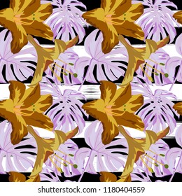 Tropical Print. Jungle Seamless Pattern. Vector Tropic Summer Motif with Hawaiian Flowers. Interior Design
Swimwear Design. 
 
