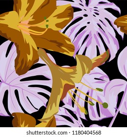 Tropical Print. Jungle Seamless Pattern. Vector Illustration of Tropical Leaves and Flowers. Swimwear Design. Summer Hawaiian Pattern. 
Aloha Fabric Repeated Print. 
 
