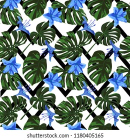 Tropical Print. Jungle Seamless Pattern. Vector Illustration of Tropical Leaves and Flowers. Background Texture, Wrapping Paper, Textile, Fabric or Wallpaper. 
