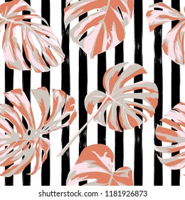 Tropical Print. Jungle Seamless Pattern. Vector Tropic Summer Motif with Hawaiian Flowers. Swimwear Design. Summer Hawaiian Pattern. 
Aloha Fabric Repeated Print. 
 
