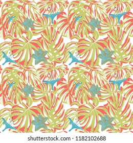 Tropical Print. Jungle Seamless Pattern. Vector Illustration of Tropical Leaves and Flowers. Swimwear Design. Summer Hawaiian Pattern. 
Aloha Fabric Repeated Print. 
 

