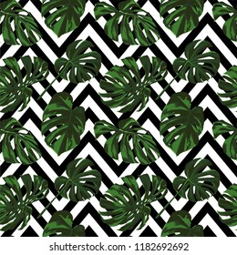 Tropical Print. Jungle Seamless Pattern. Vector Illustration of Tropical Leaves and Flowers. Swimwear Design. Summer Hawaiian Pattern. 
Aloha Fabric Repeated Print. 
 

