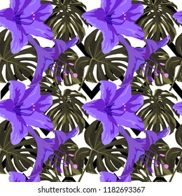 Tropical Print. Jungle Seamless Pattern. Vector Tropic Summer Motif with Hawaiian Flowers. Swimwear Design. Summer Hawaiian Pattern. 
Aloha Fabric Repeated Print. 
 
