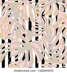 Tropical Print. Jungle Seamless Pattern. Vector Illustration of Tropical Leaves and Flowers. Interior Design
Swimwear Design. 
 
