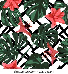 Tropical Print. Jungle Seamless Pattern. Vector Tropic Summer Motif with Hawaiian Flowers. Background Texture, Wrapping Paper, Textile, Fabric or Wallpaper. 
