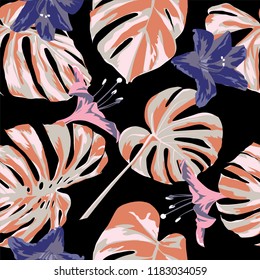 Tropical Print. Jungle Seamless Pattern. Vector Tropic Summer Motif with Hawaiian Flowers. Swimwear Design. Summer Hawaiian Pattern. 
Aloha Fabric Repeated Print. 
 
