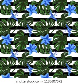 Tropical Print. Jungle Seamless Pattern. Vector Tropic Summer Motif with Hawaiian Flowers. Swimwear Design. Summer Hawaiian Pattern. 
Aloha Fabric Repeated Print. 
 
