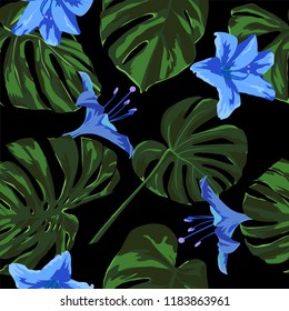 Tropical Print. Jungle Seamless Pattern. Vector Tropic Summer Motif with Hawaiian Flowers. Interior Design
Swimwear Design. 
 
