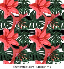 Tropical Print. Jungle Seamless Pattern. Vector Tropic Summer Motif with Hawaiian Flowers. Interior Design
Swimwear Design. 
 
