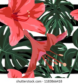Tropical Print. Jungle Seamless Pattern. Vector Tropic Summer Motif with Hawaiian Flowers. Background Texture, Wrapping Paper, Textile, Fabric or Wallpaper. 
