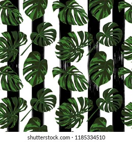 Tropical Print. Jungle Seamless Pattern. Vector Illustration of Tropical Leaves and Flowers. Swimwear Design. Summer Hawaiian Pattern. 
Aloha Fabric Repeated Print. 
 
