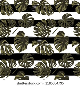 Tropical Print. Jungle Seamless Pattern. Vector Illustration of Tropical Leaves and Flowers. Swimwear Design. Summer Hawaiian Pattern. 
Aloha Fabric Repeated Print. 
 
