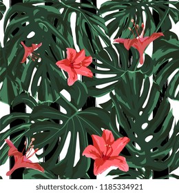 Tropical Print. Jungle Seamless Pattern. Vector Illustration of Tropical Leaves and Flowers. Swimwear Design. Summer Hawaiian Pattern. 
Aloha Fabric Repeated Print. 
 
